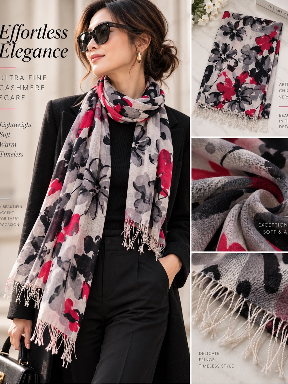 Ultra Fine Cashmere Scarf Floral Ivory Gray Red Lightweight
